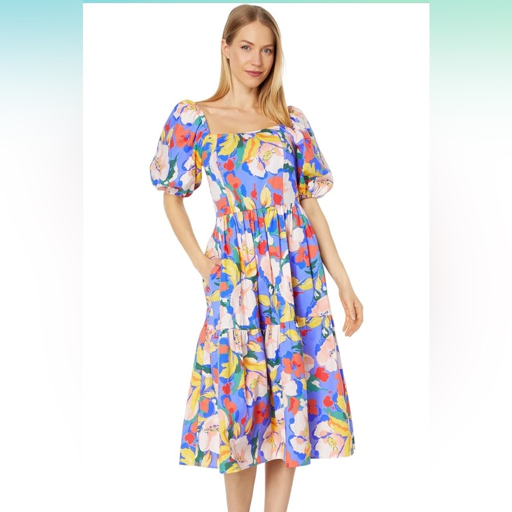 Vince Camuto Square Neck Puff Sleeve Flounce Floral Midi Dress size 12